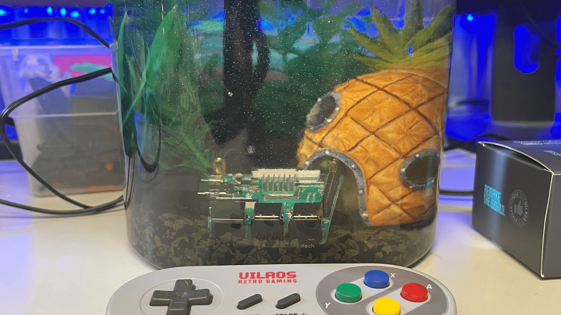 Raspberry Pi submerged in mineral oil fish tank aquarium project at Plum Crazy Robotics lab