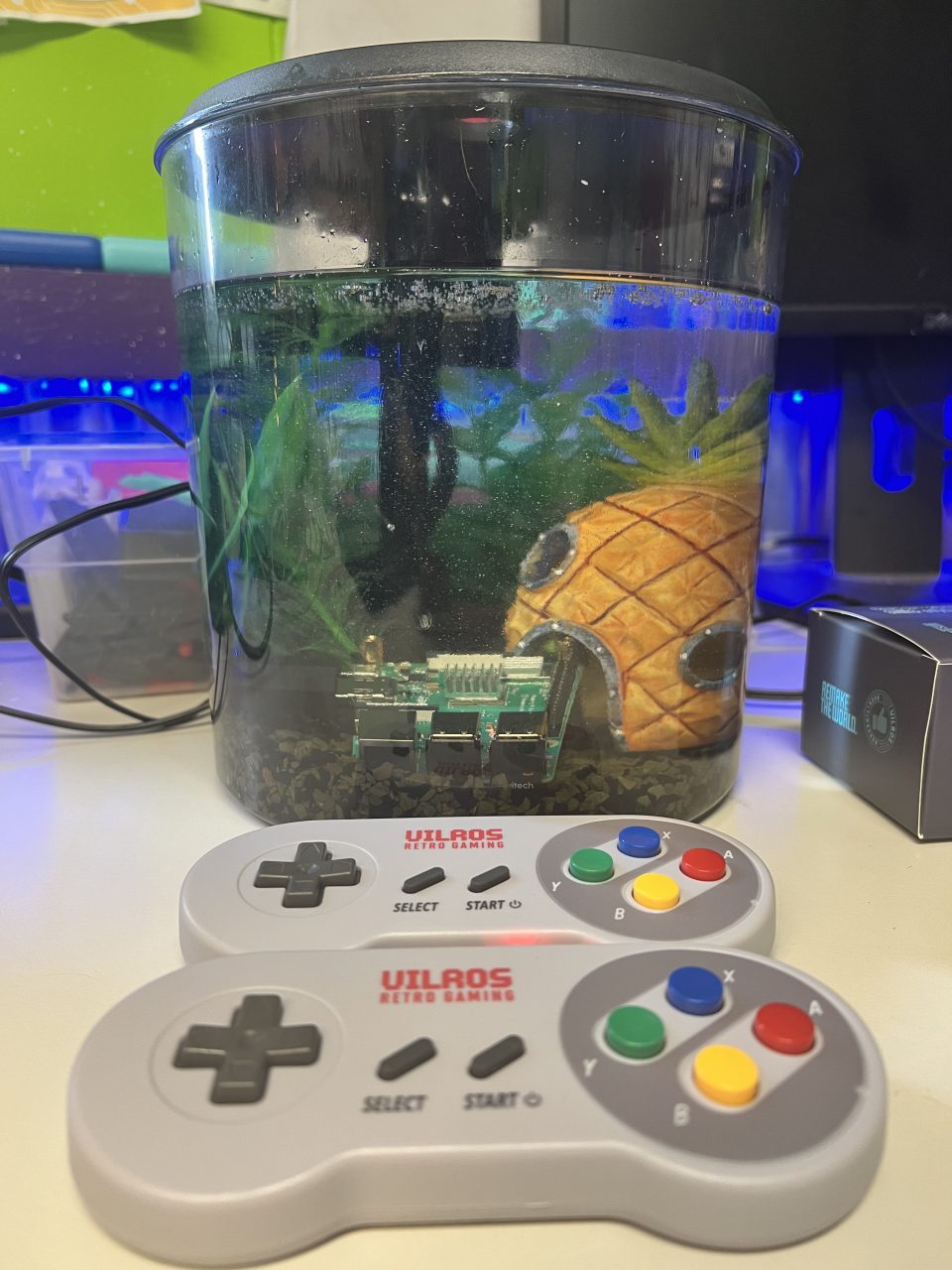 Raspberry Pi mineral oil aquarium with retro gaming controllers at Plum Crazy Robotics Marlboro NJ