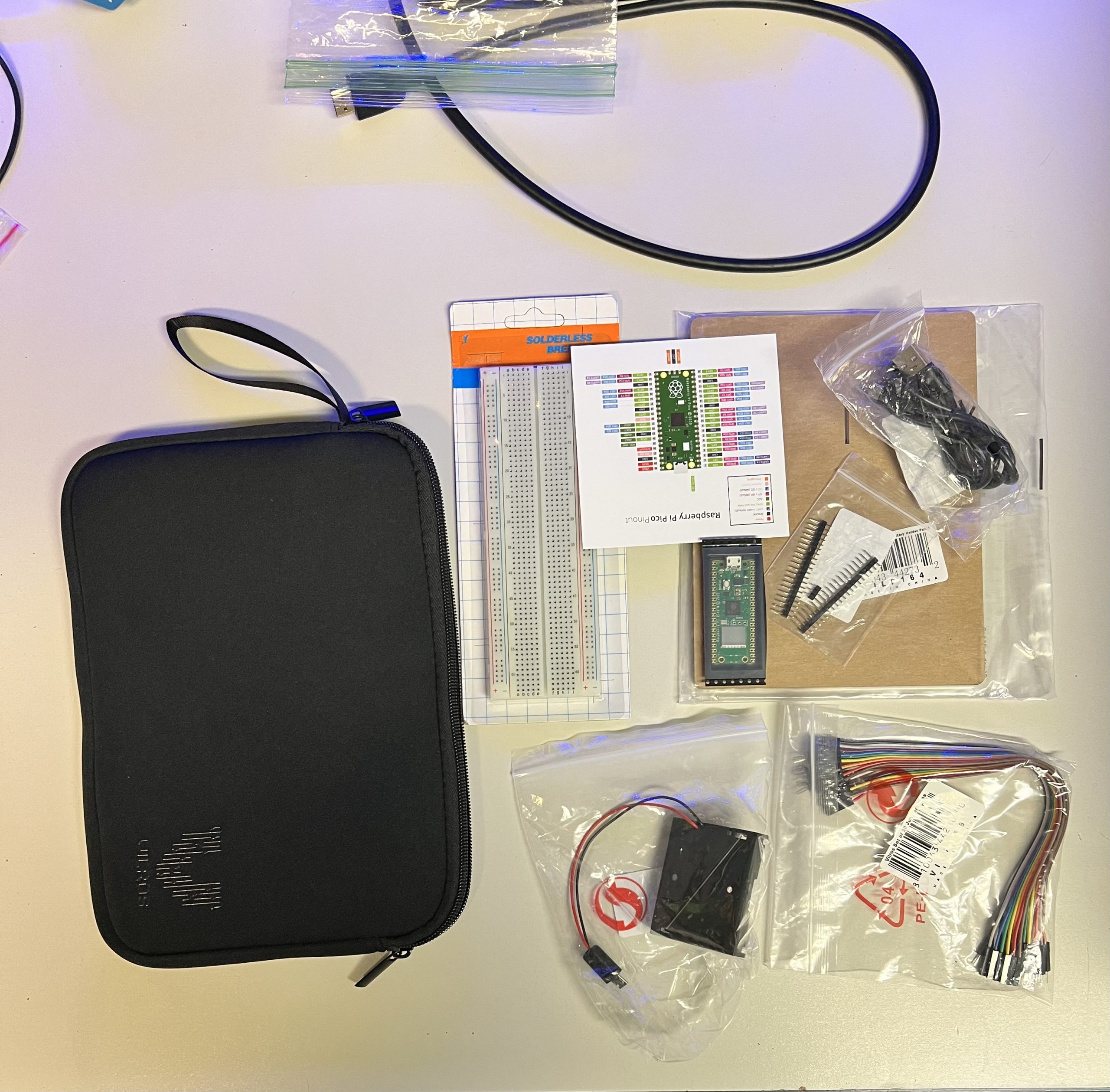 Raspberry Pi Pico starter kit with breadboard jumper wires and pinout diagram at Plum Crazy Robotics